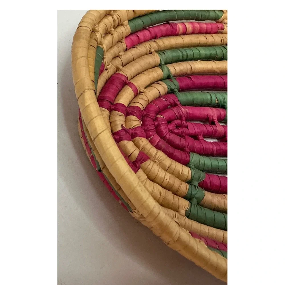 Vintage Woven Coil Basket Oval Pink Green Geometric Boho Decor 10.5in